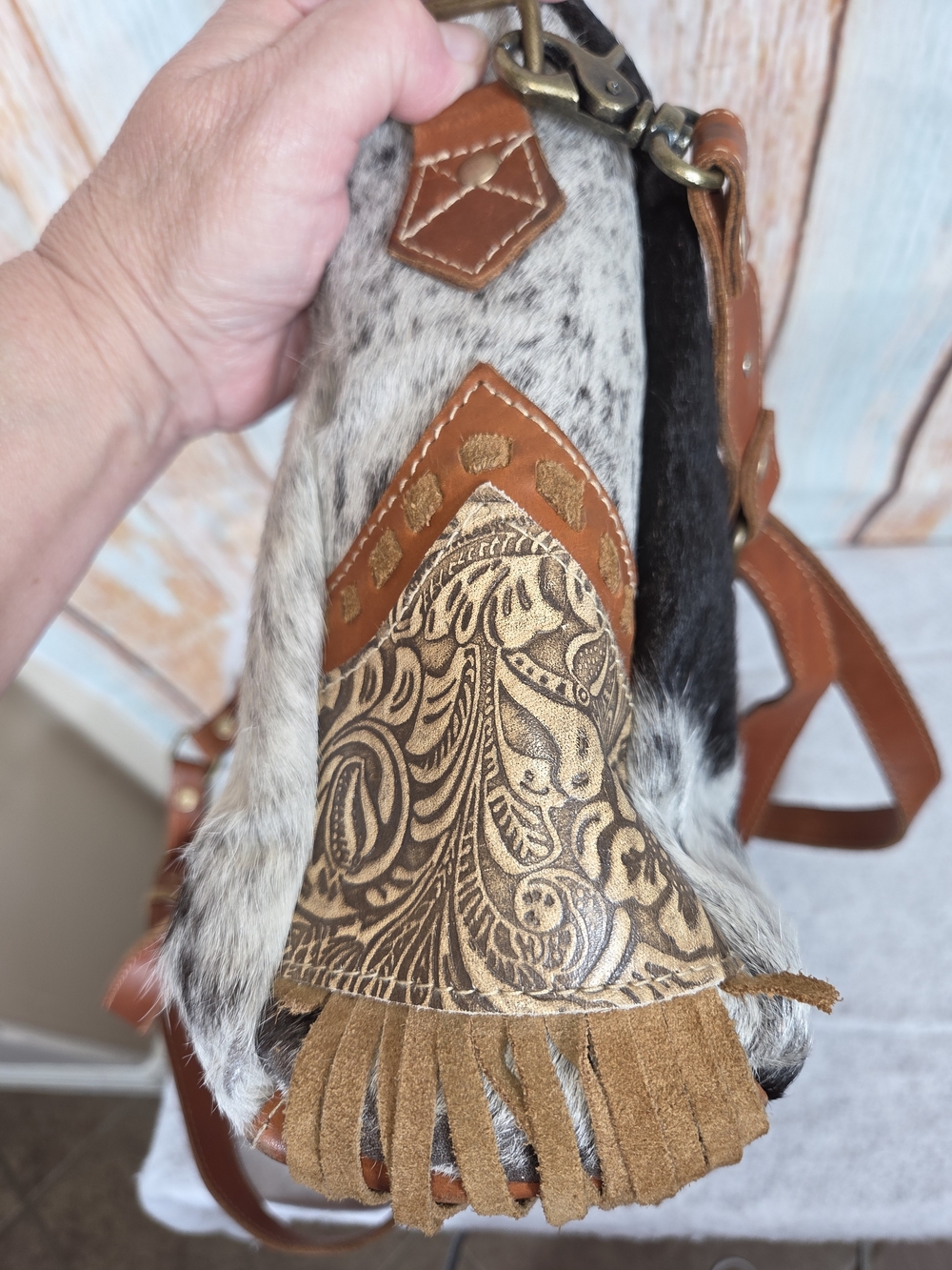 Myra Bag Leather and Haircalf Detailing Concealed Carry Bag in Brown and White - Picture 4 of 9